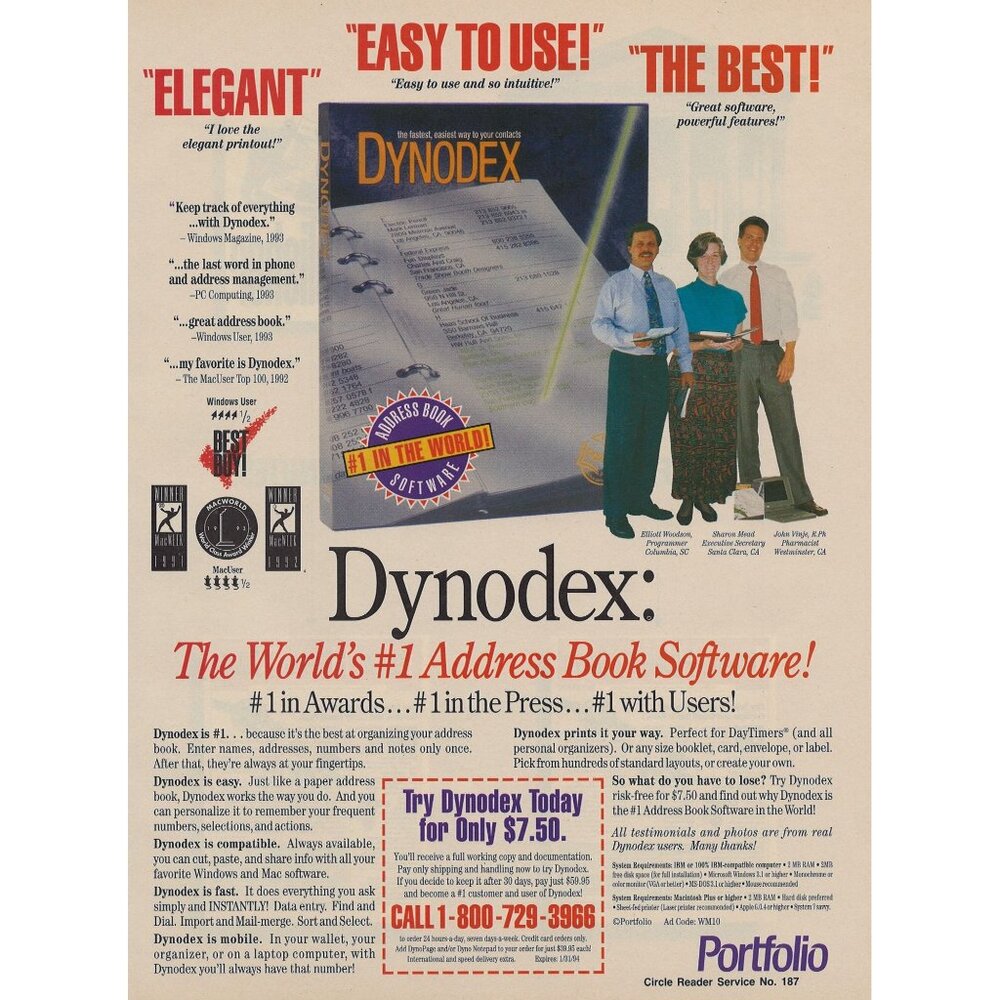 Portfolio Dynodex Address Book Software Vintage Print Ad 1993 u Original